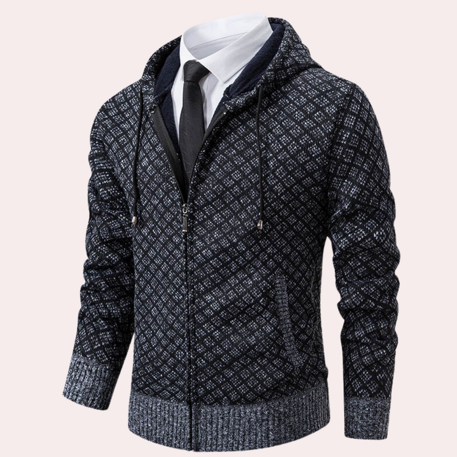 Men's hooded knit cardigan in neutral tones, relaxed fit with sustainable soft knit fabric