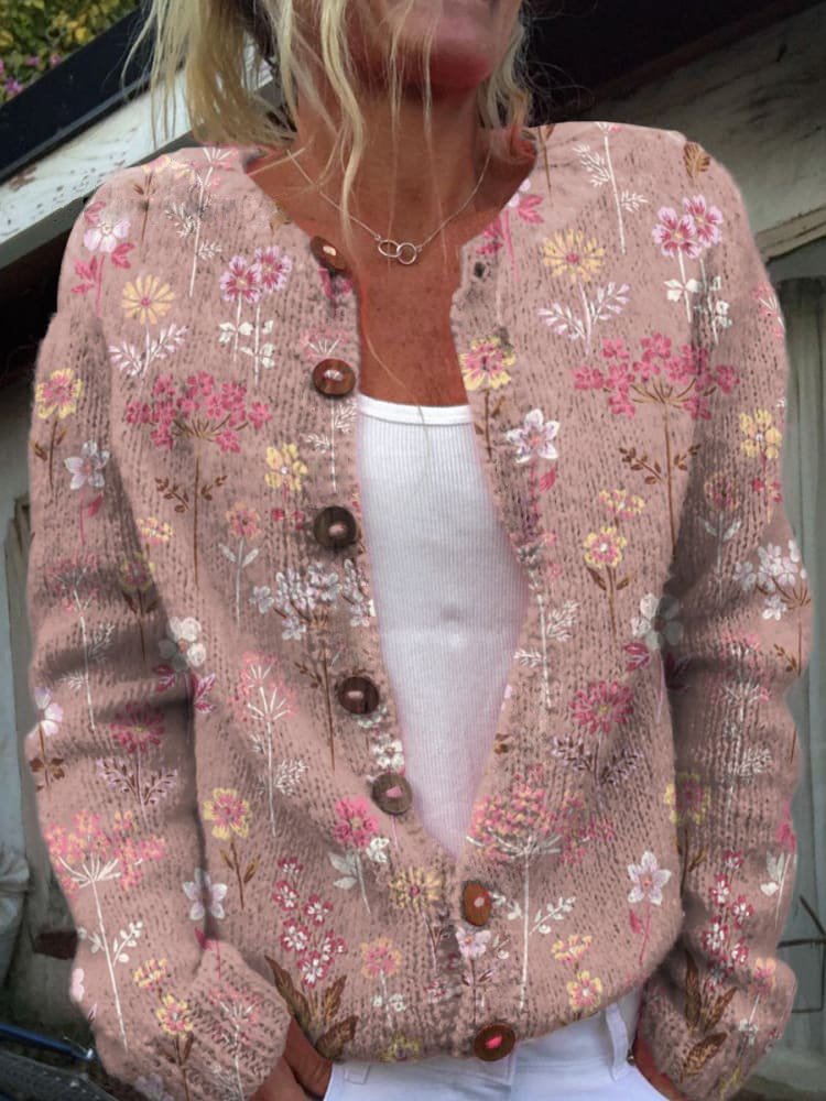 Women's vintage floral knit cardigan with flattering silhouette and delicate floral pattern layering essential