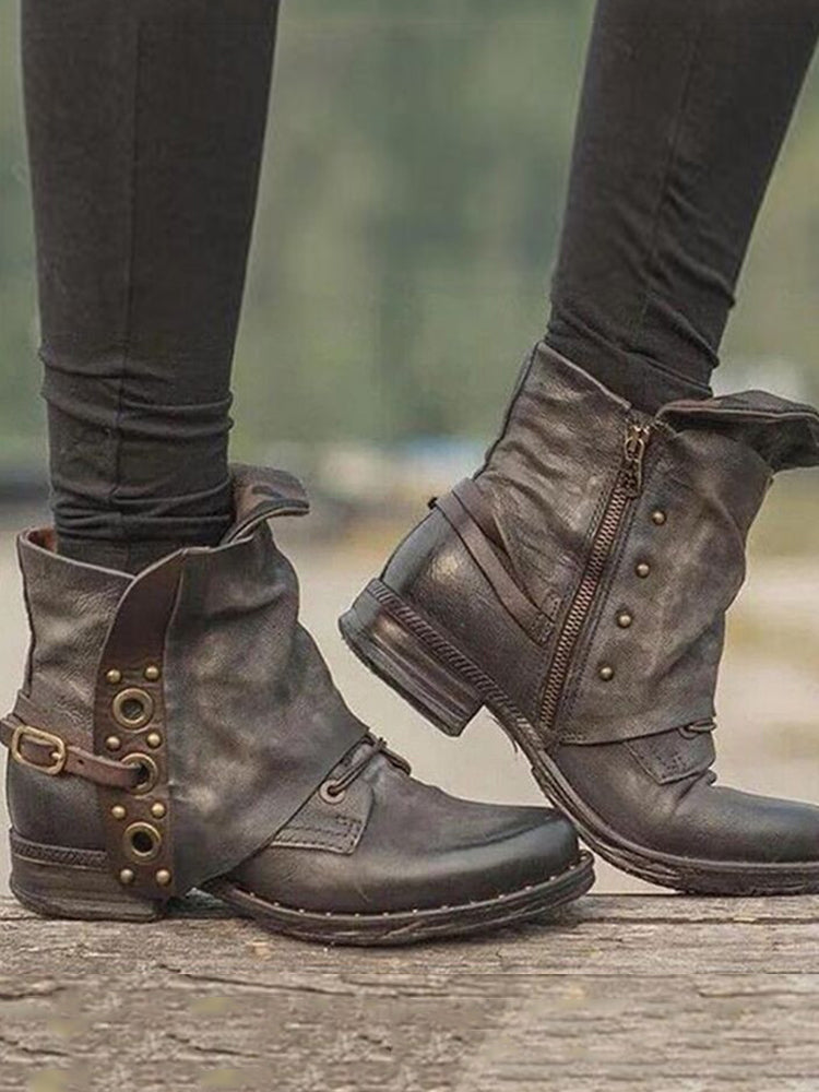 Women's black mid-heel ankle boots vintage studded patch buckle rivet detail leather look
