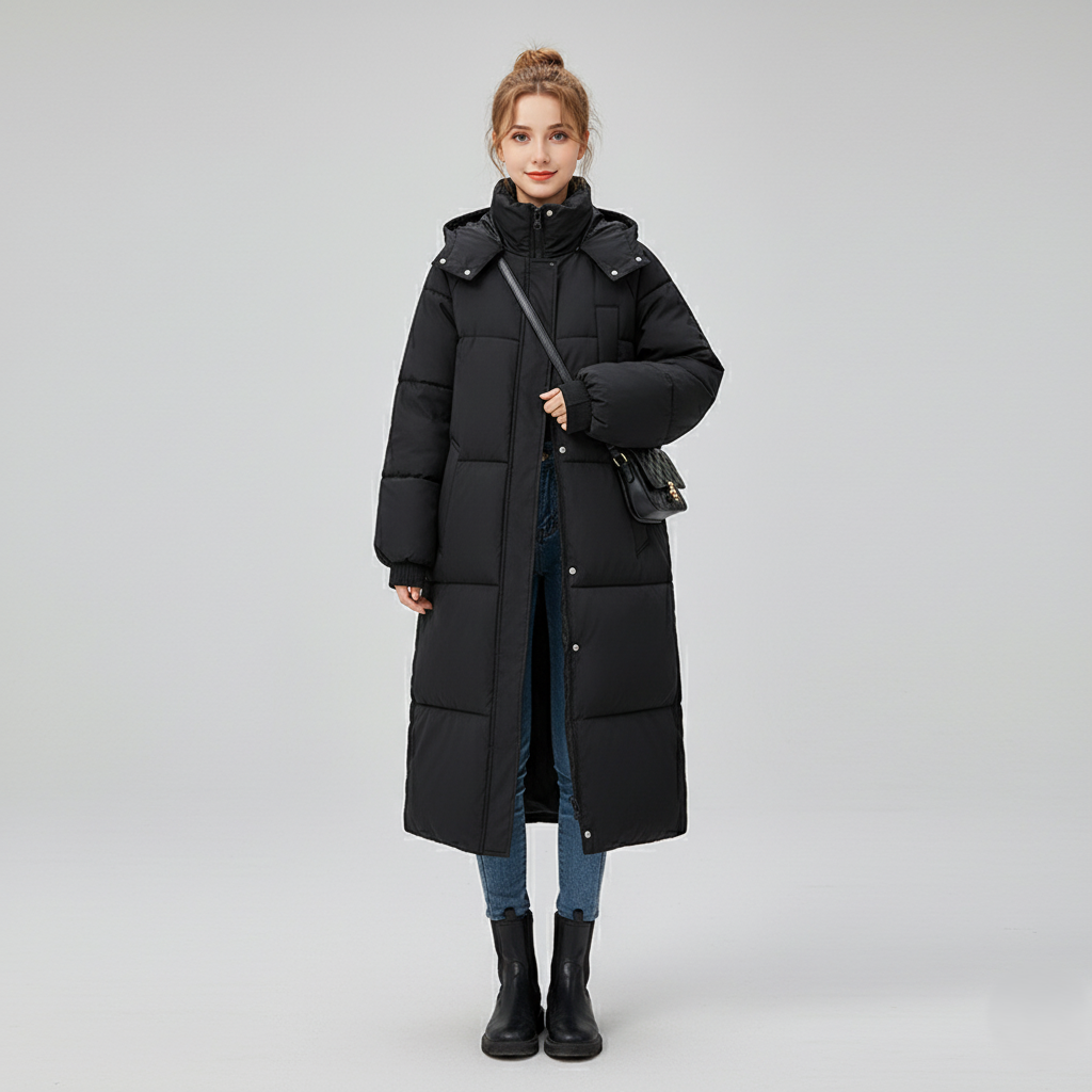Women's oversized long quilted puffer trench coat with hood, insulated winter warmth