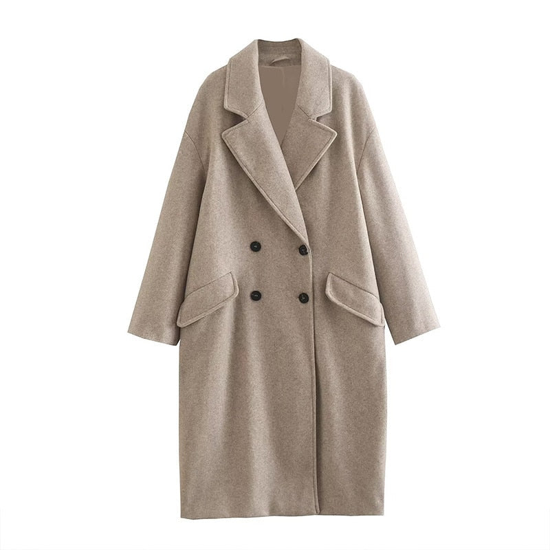 Women's long double-breasted coat tailored straight silhouette minimalist urban chic style