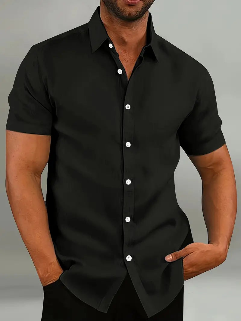 Men's light blue slim fit short sleeve shirt with button closure, versatile casual to formal style