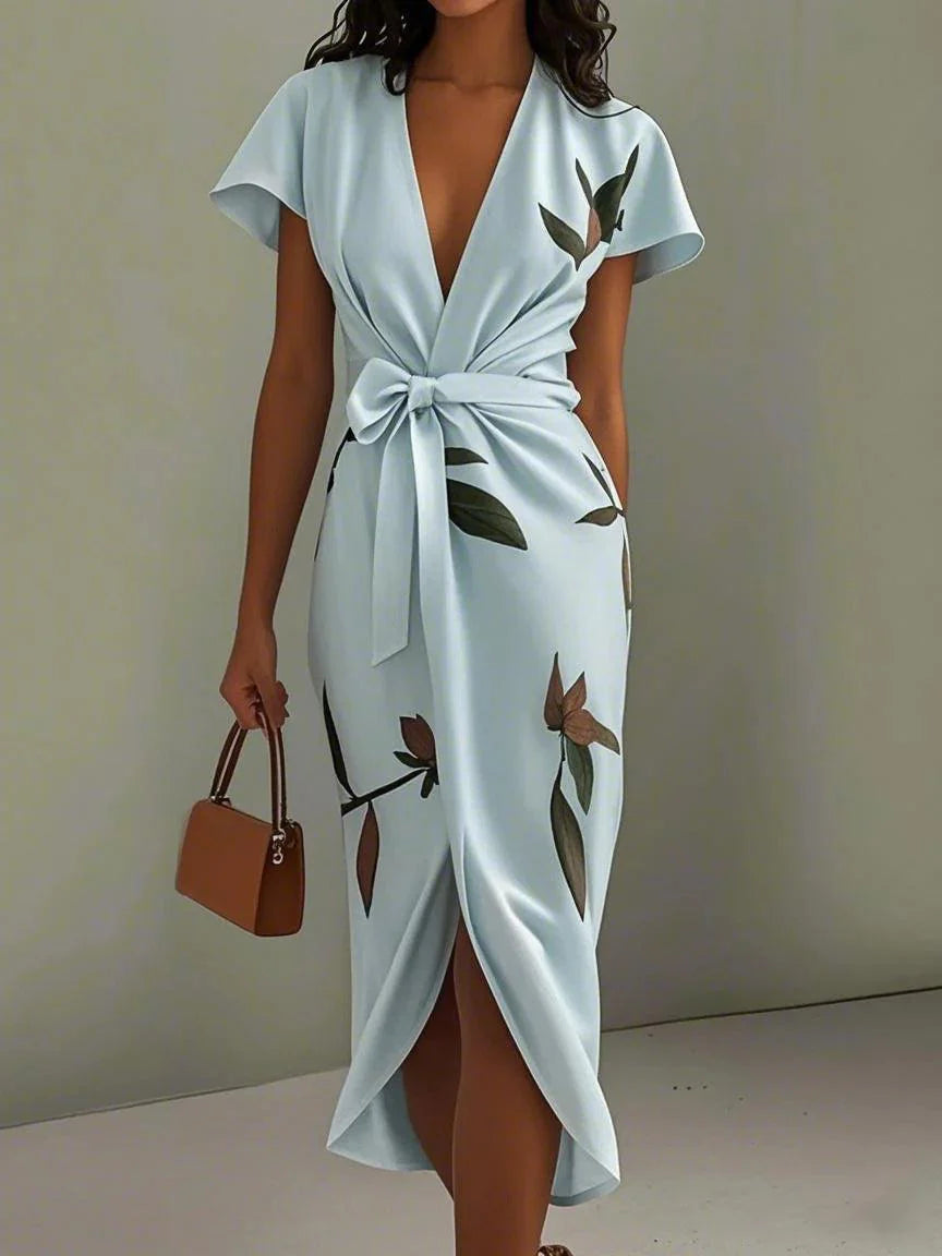 White leaf print satin wrap midi dress, short sleeve V-neck sheath with lace-up closure