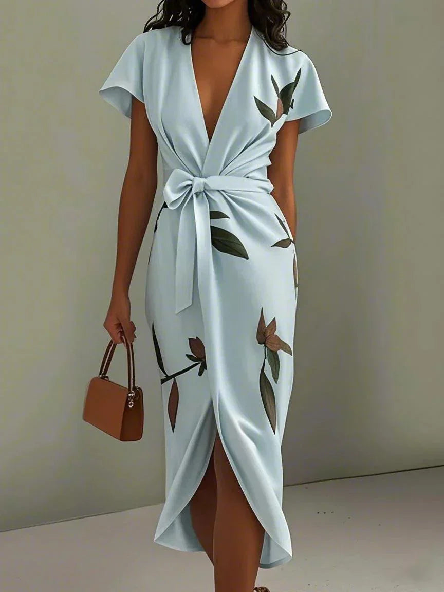 Floral botanical wrap midi dress for women with adjustable tied waist and flattering silhouette