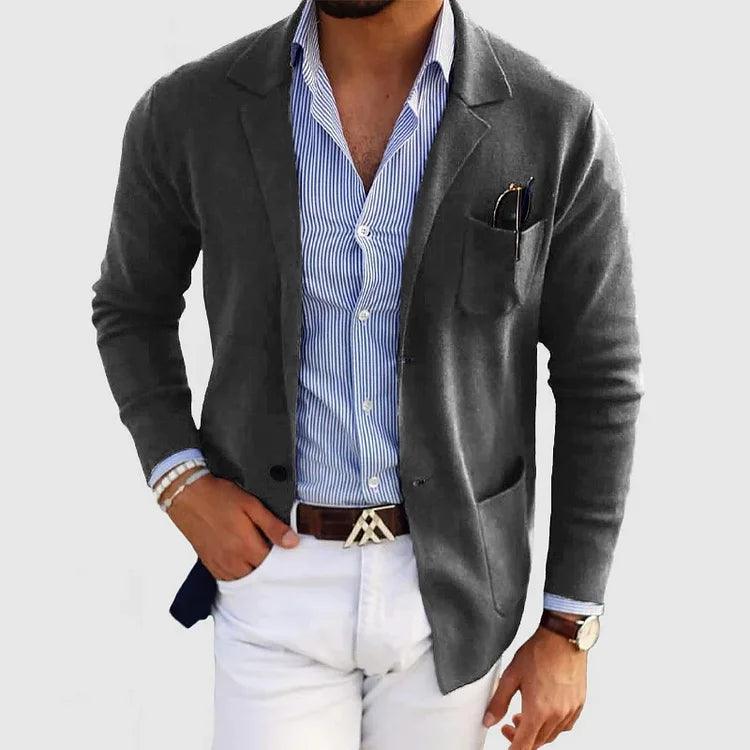 Men's slim fit knit blazer in neutral tone, business casual style with flexible stretch fabric