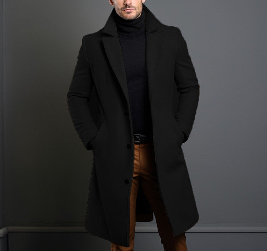 Men's straight-cut wool coat in classic neutral tone, tailored silhouette for cold weather everyday wear