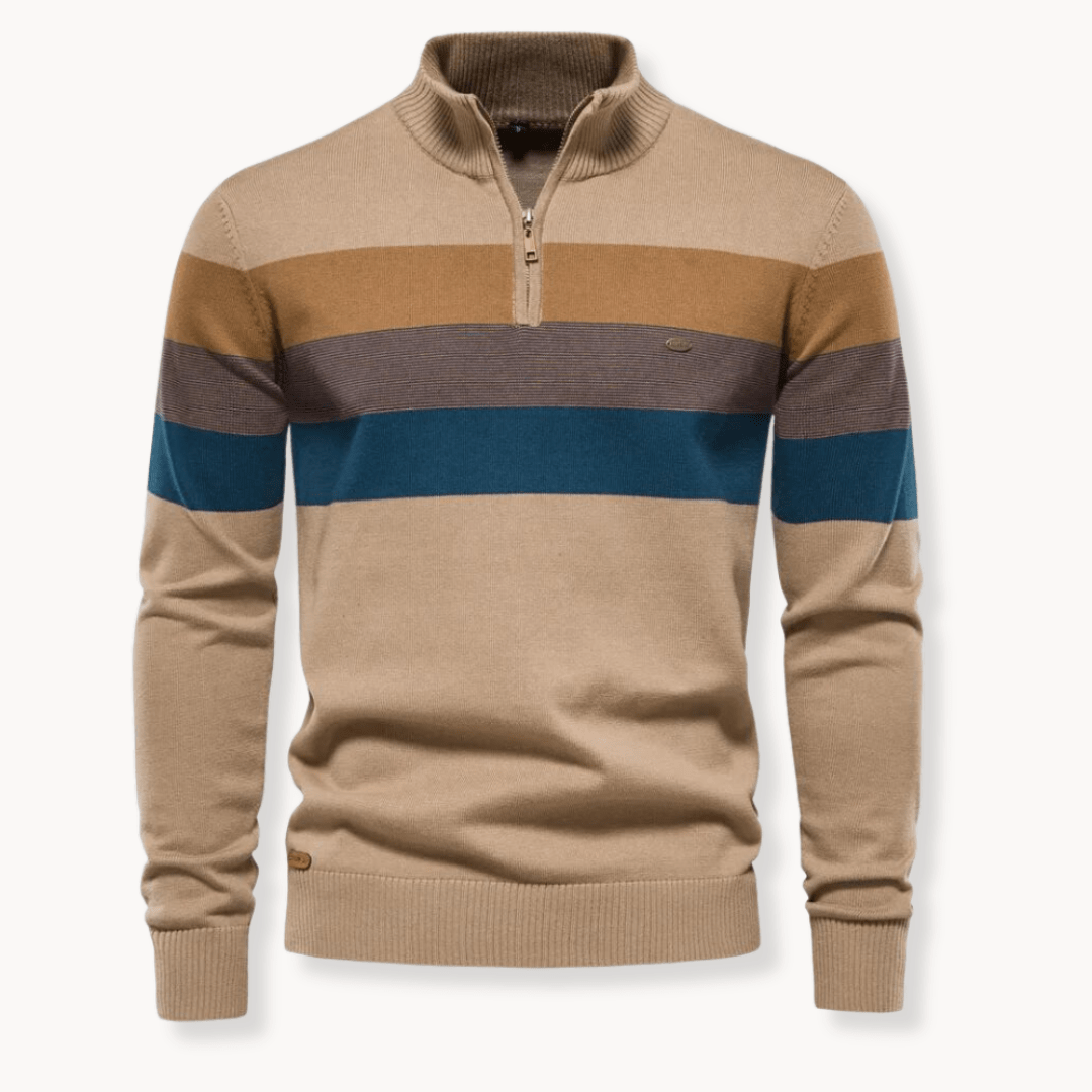 Men's striped quarter-zip sweater regular fit hip-length with ribbed cuffs casual winter style
