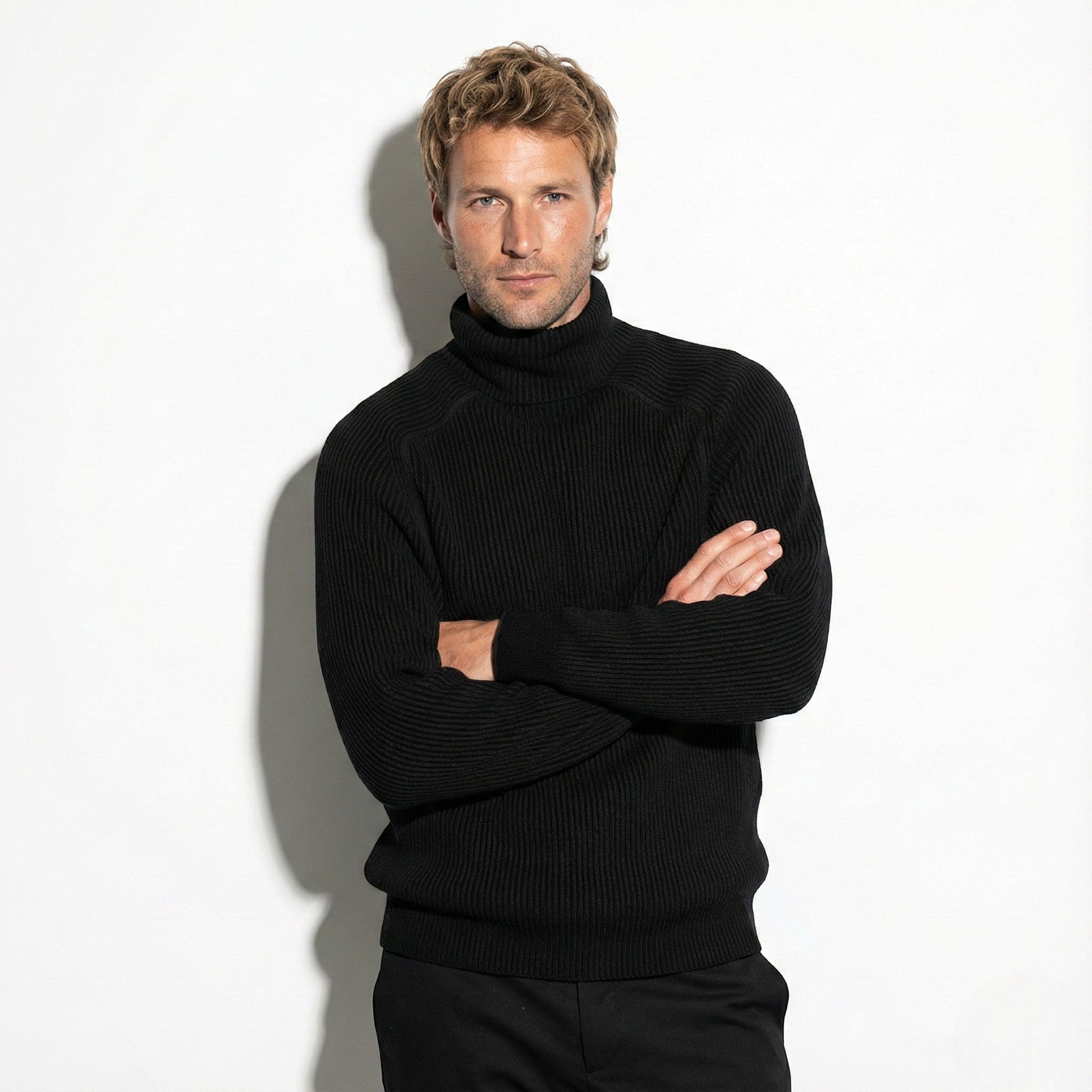 Men's ribbed turtleneck sweater raglan sleeves cold-weather knitwear shape-retention fit
