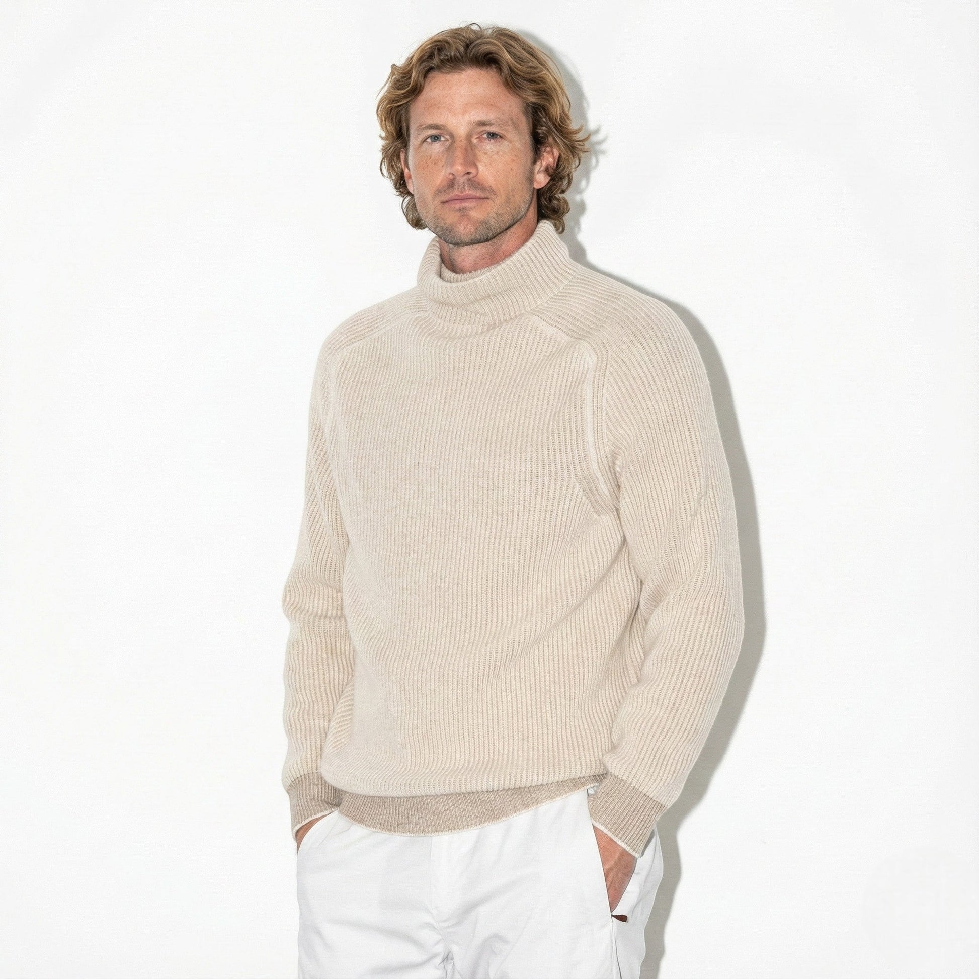 Men's ribbed turtleneck sweater with raglan sleeves, cozy knit fit for cold days