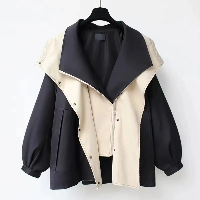 Women's two-tone wrap windbreaker with oversized draped collar and adjustable cinched waist