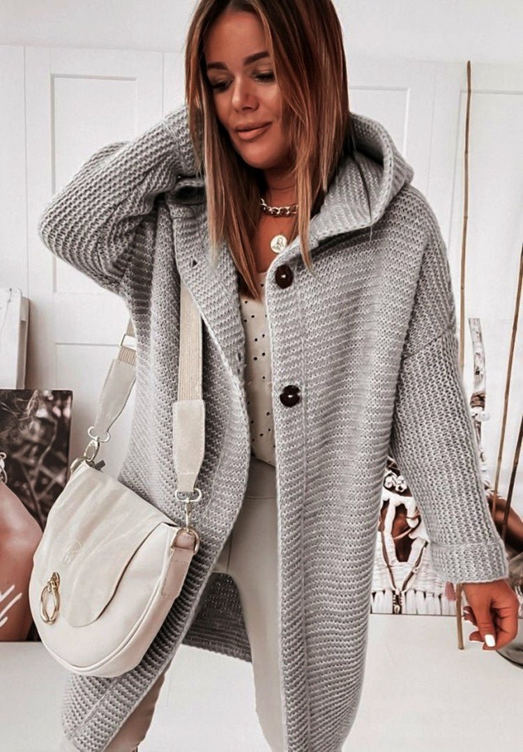 Women's hooded wool knit cardigan relaxed fit mid-length single button closure layering essential