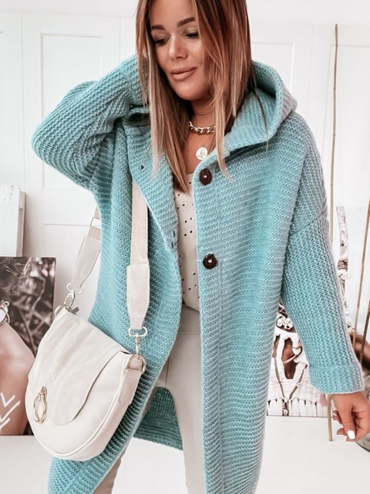 Women's hooded wool knit cardigan relaxed fit mid-length single button closure layering essential