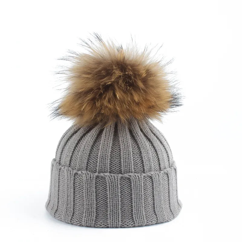 Women's cozy knitted beanie cotton blend winter hat with oversized fur pom pom casual style