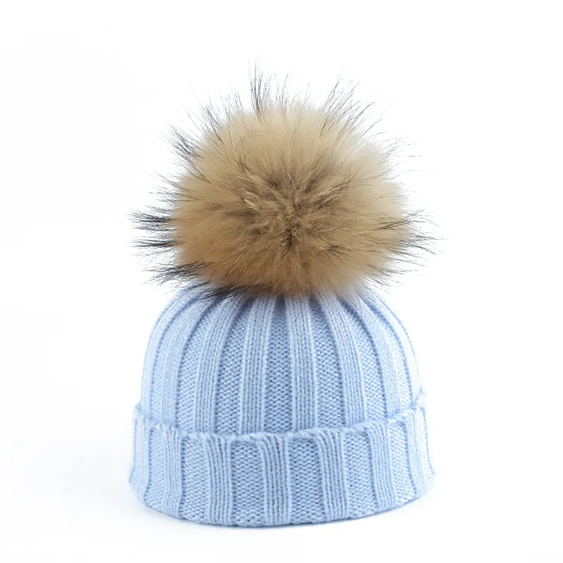 Women's cozy knitted beanie cotton blend winter hat with oversized fur pom pom one size