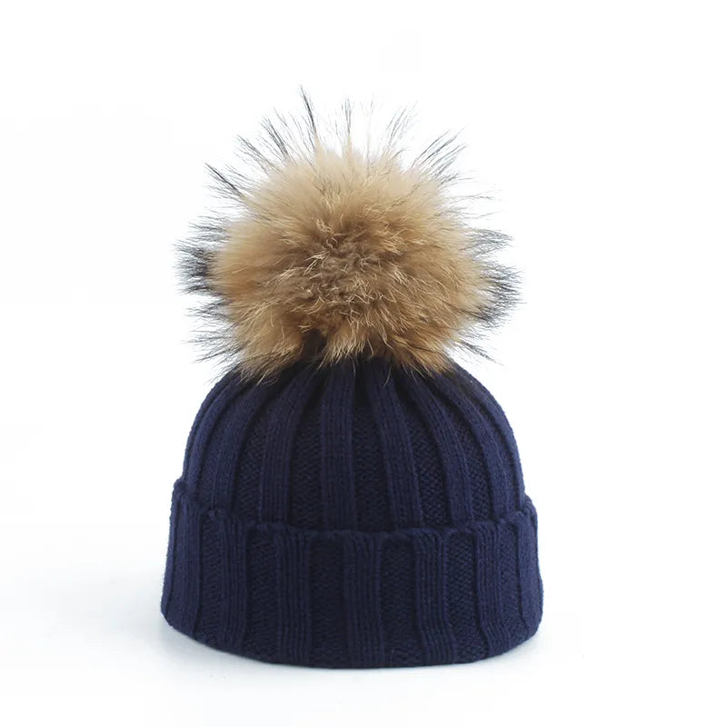 Women's cozy knitted beanie cotton blend with oversized fur pom pom, warm casual winter style