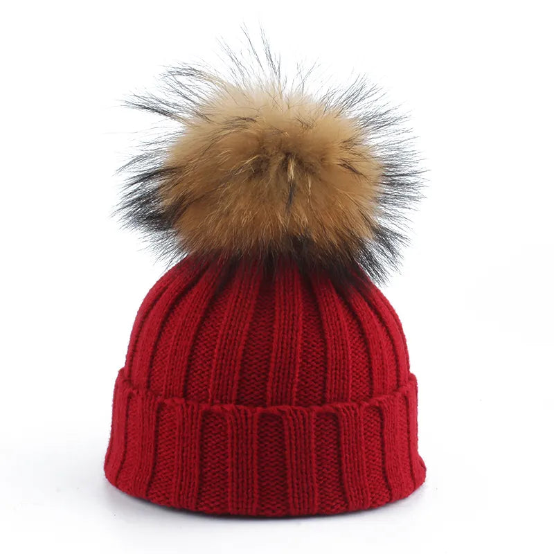 Women's knitted beanie in cozy cotton blend with oversized fur pom pom, one-size winter hat