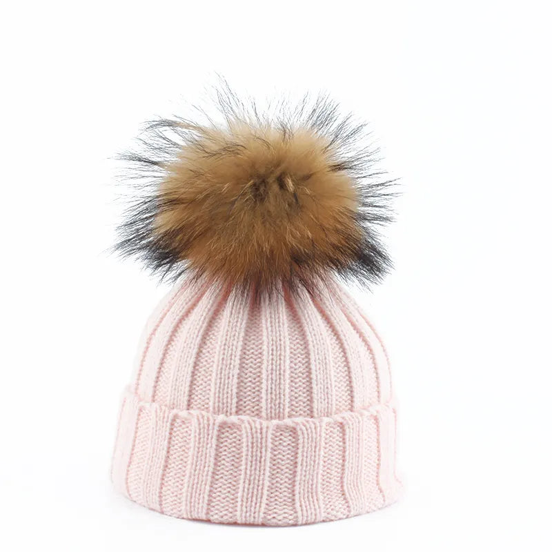 Women's cozy knitted beanie cotton blend winter hat with oversized fur pom pom accent