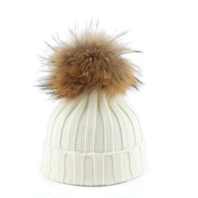 Women's knitted beanie cotton blend cozy winter hat with oversized fur pom pom one size