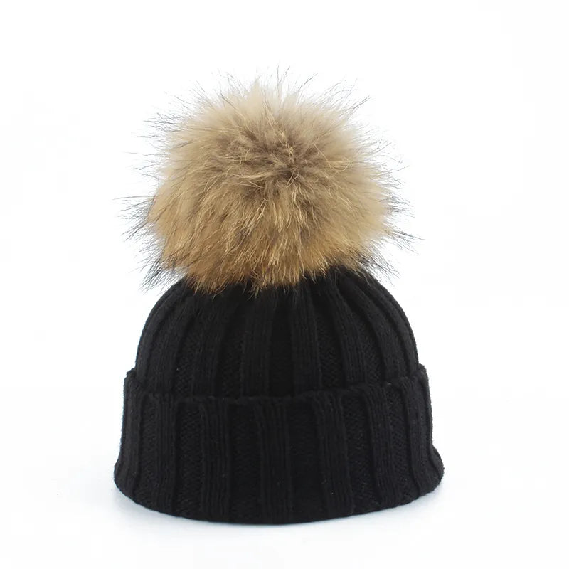 Women's knitted beanie in cozy cotton blend with oversized fur pom pom, one-size winter hat