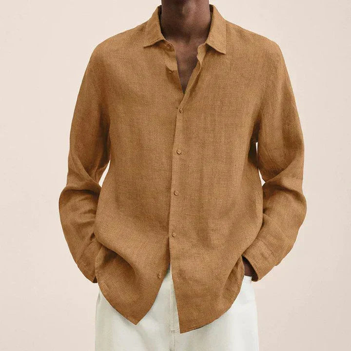 Men's lightweight linen shirt classic fit long sleeves breathable summer essential in neutral tone