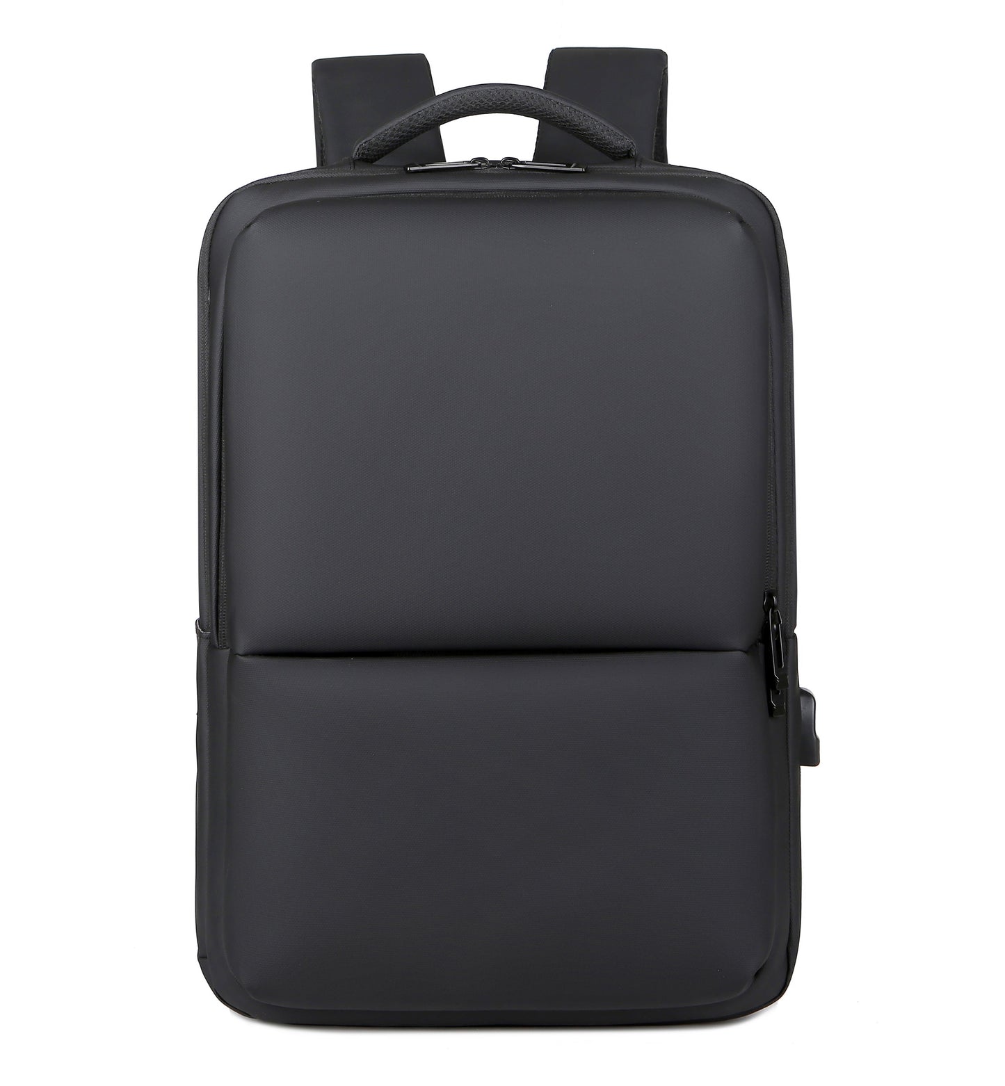 Sleek waterproof laptop backpack for professionals, durable black travel bag with sophisticated silhouette