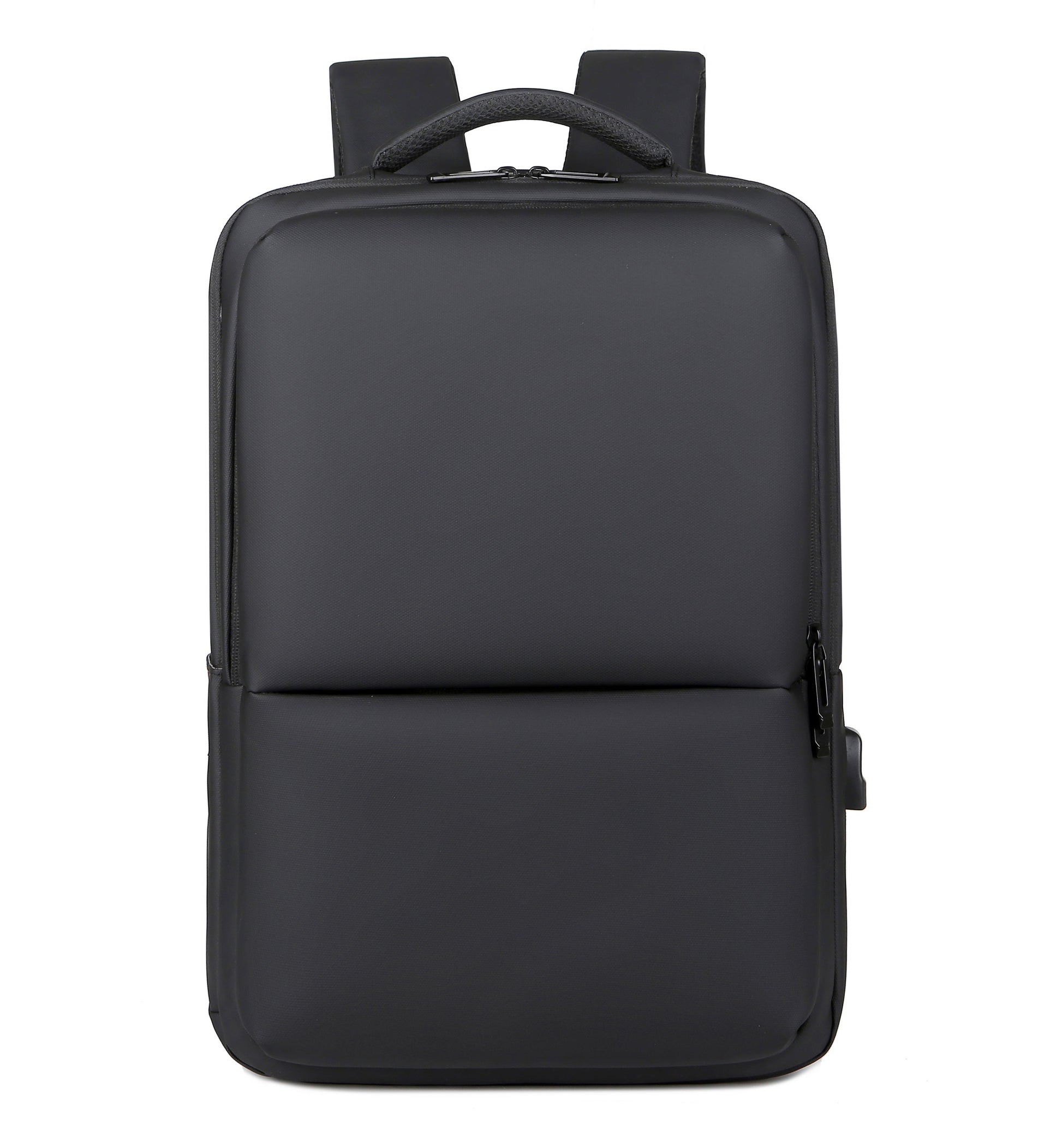 Sleek waterproof laptop backpack for professionals, durable black travel bag with sophisticated silhouette