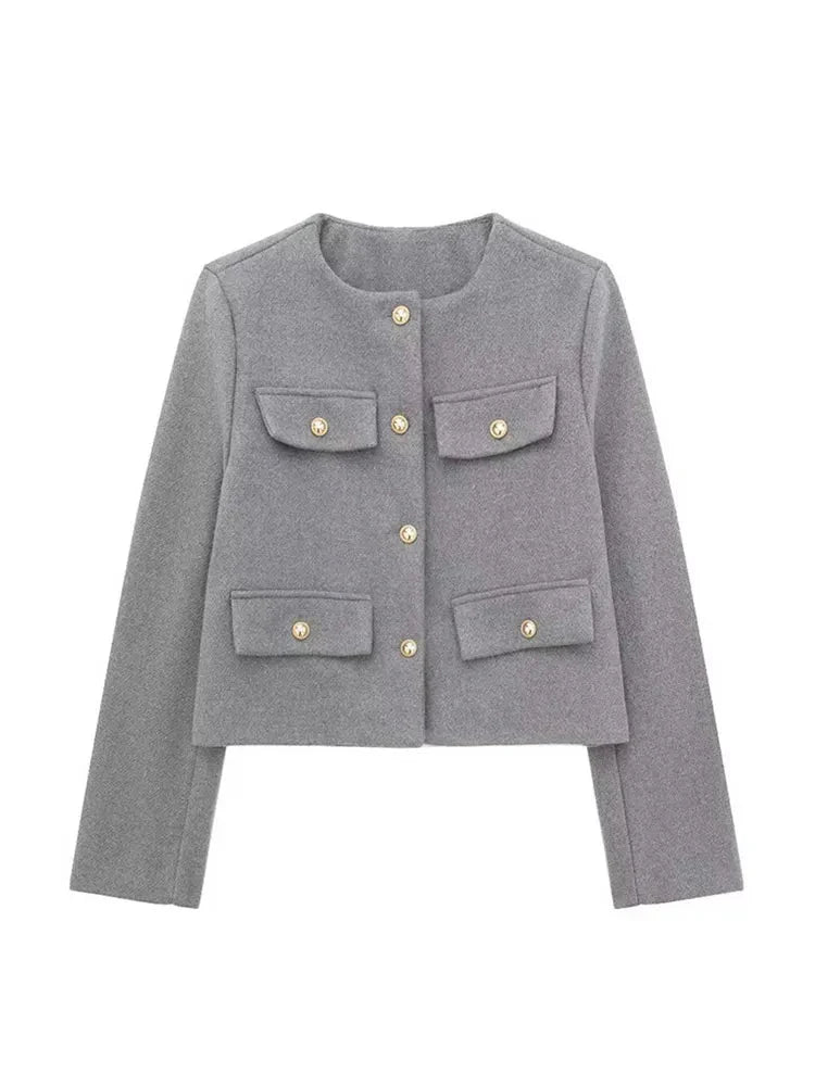Women's structured short jacket with gold button details, tailored silhouette, timeless elegant style