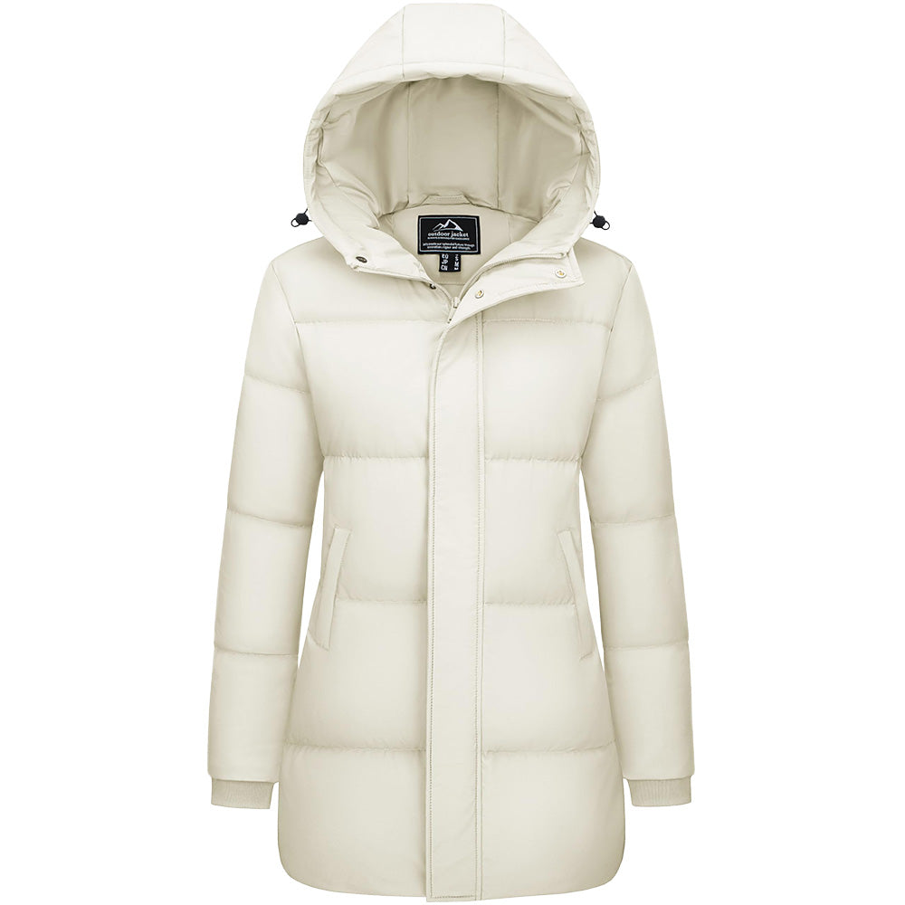 Women's long black hooded down parka waterproof winter coat with 85% duck down insulation