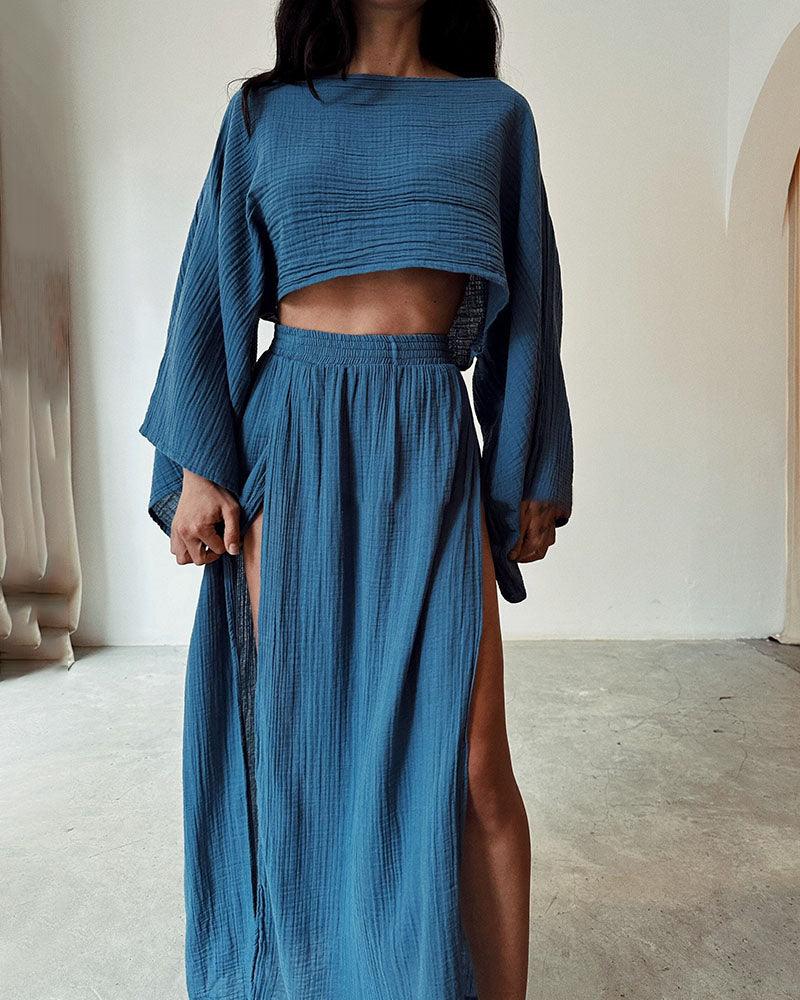 Women cotton linen two-piece set with slit detail, lightweight breathable casual spring summer outfit