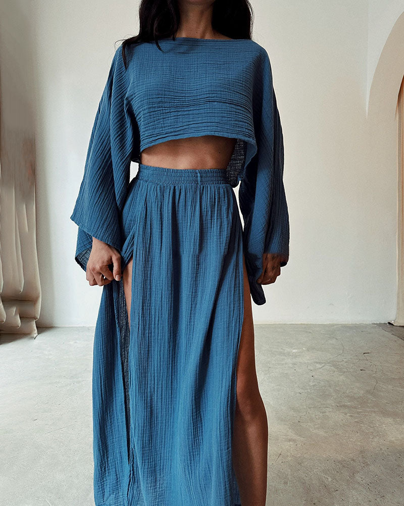 Sylvia gauze two-piece set cropped top high-slit maxi skirt breathable lightweight summer coord