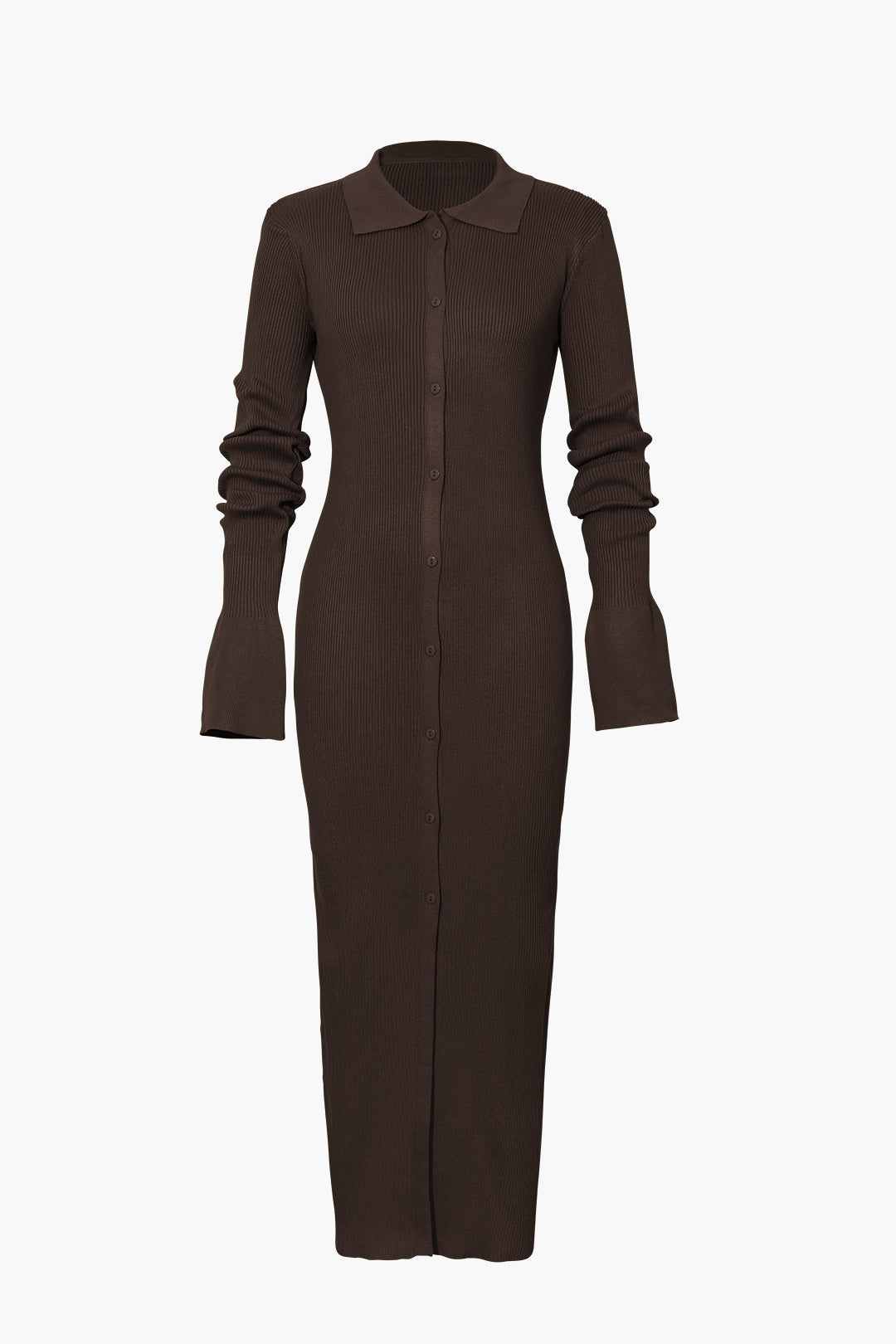 Women's ribbed knit maxi dress long sleeve structured collar button-front closure chic contoured fit