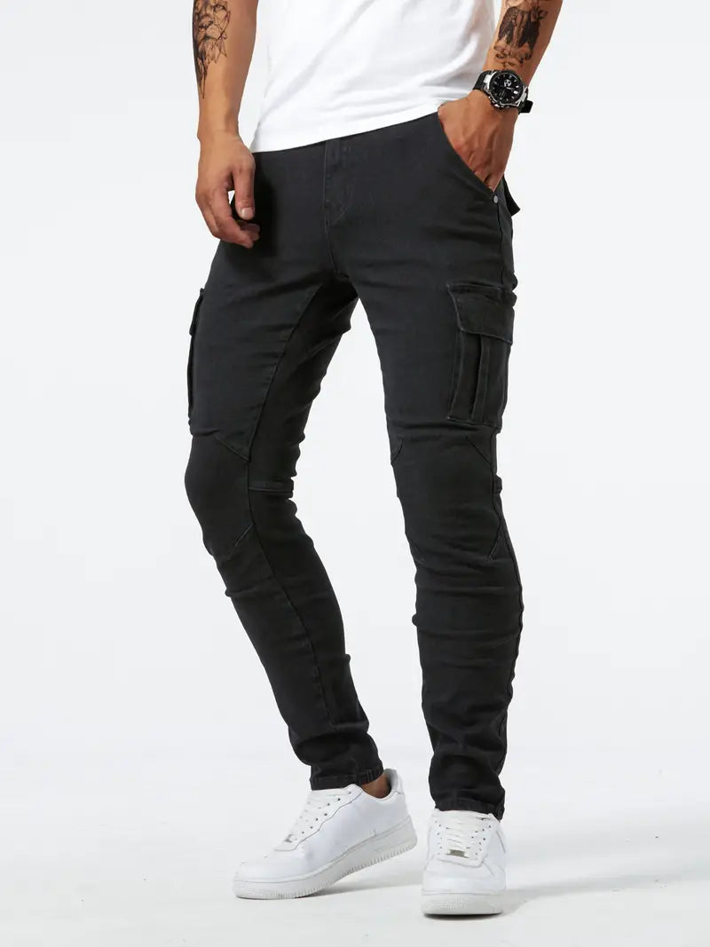 Men's slim fit stretch denim cargo pants with multi-pocket design in casual streetwear style