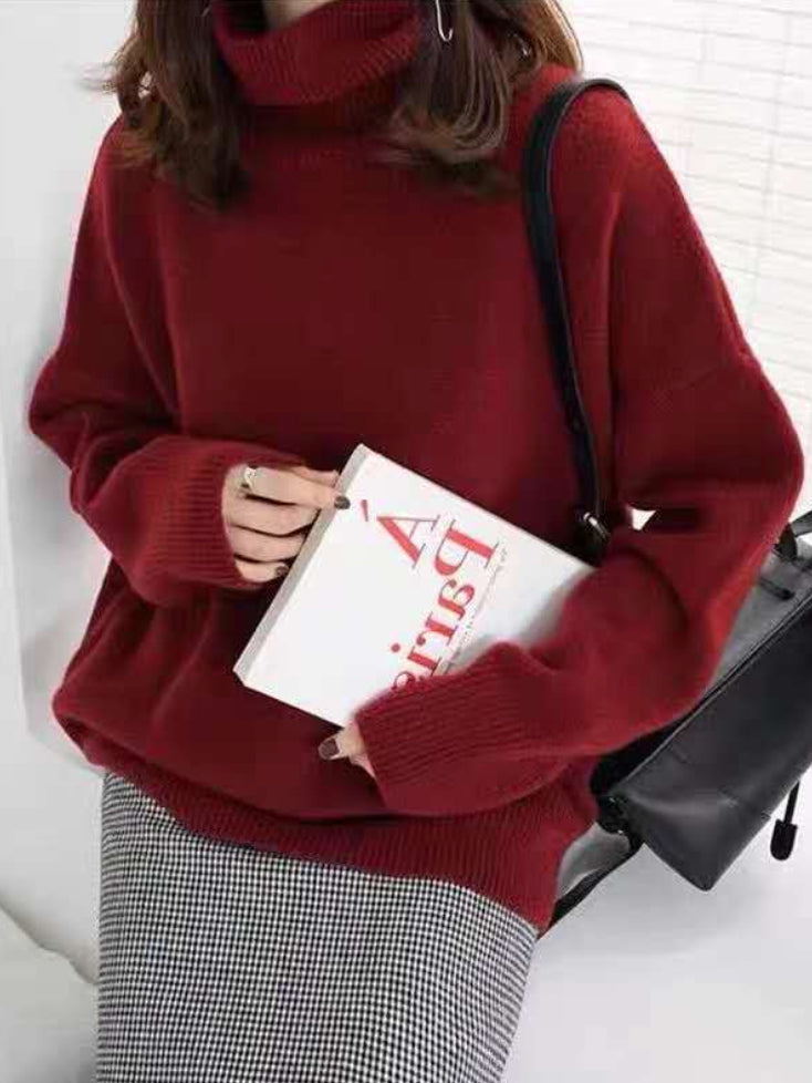 Women's relaxed fit soft knit turtleneck sweater in neutral tone, cozy everyday layering essential