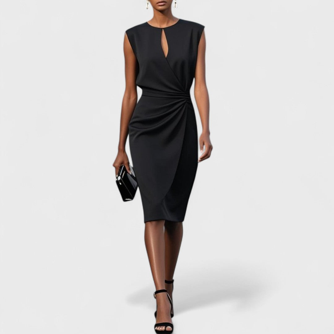 Sleeveless midi dress with ruched waist, keyhole neckline, and fluid skirt for elegant occasions