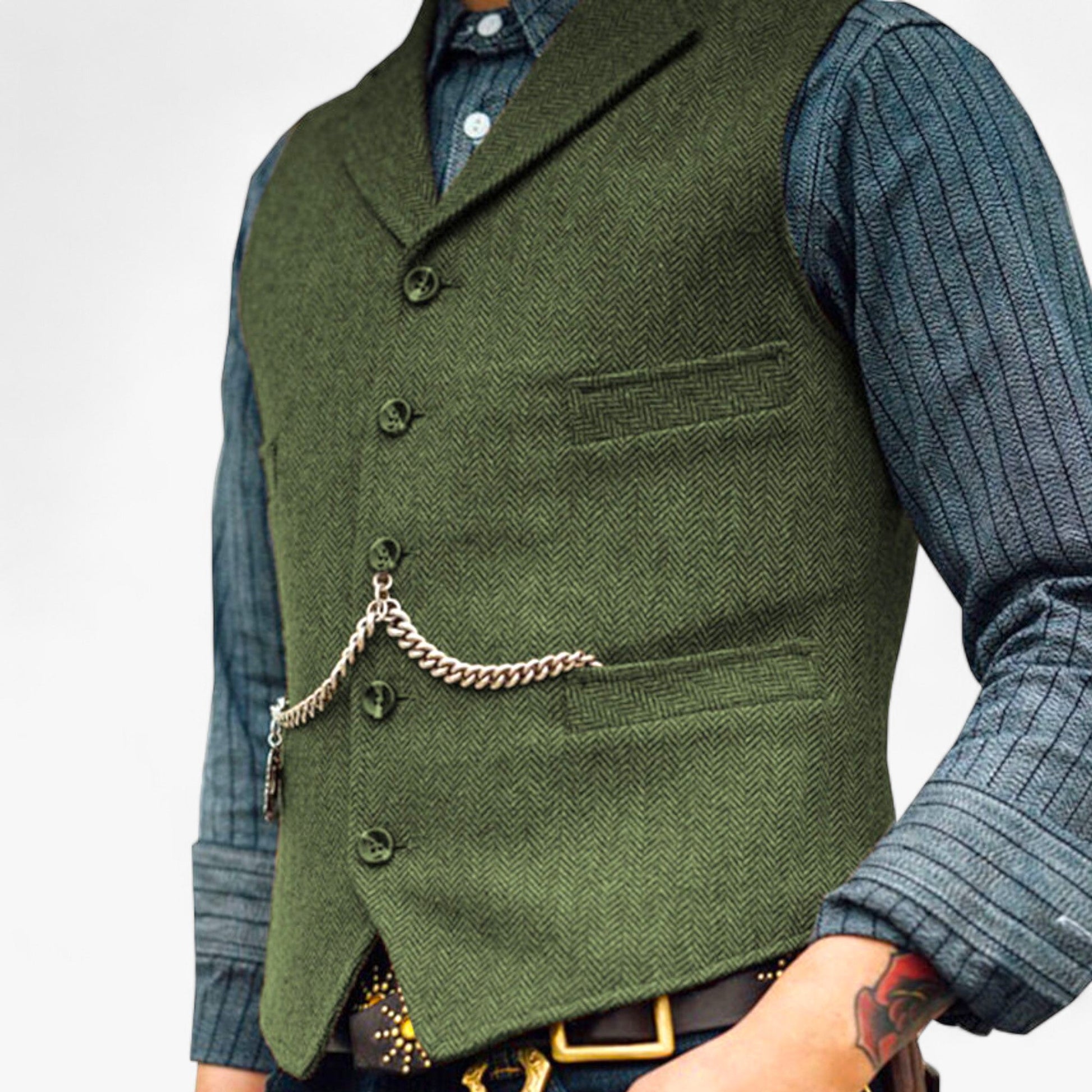 Navy blue men's fitted suit vest with decorative vintage chain detail, tailored urban chic silhouette
