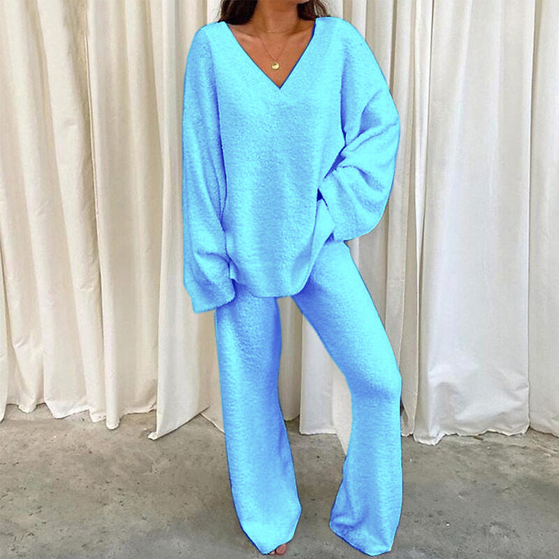 Women solid color V-neck two-piece leisure set, polyester casual matching top and bottoms, S-3XL