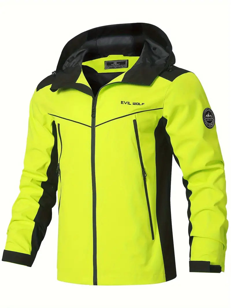 Waterproof outdoor jacket with reflective pattern, windproof adventure wear for hiking and cycling
