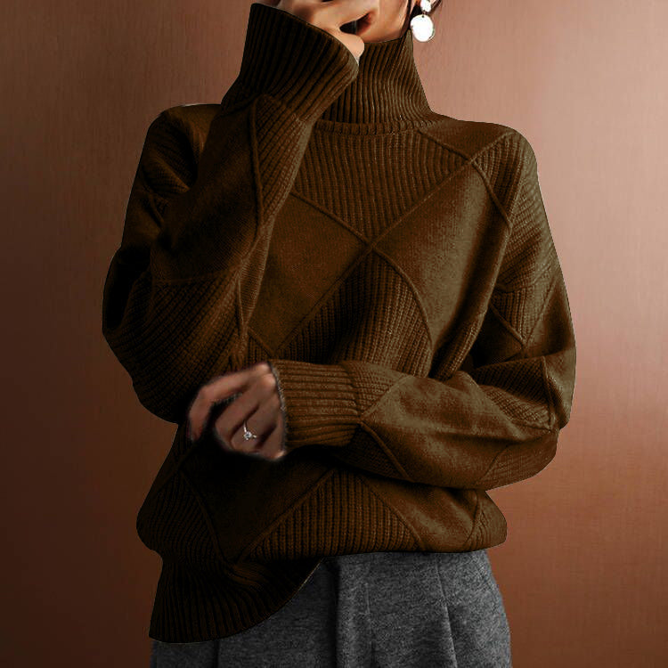 Women's loose turtleneck sweater in cozy lozenge knit, thick warm long sleeve winter top