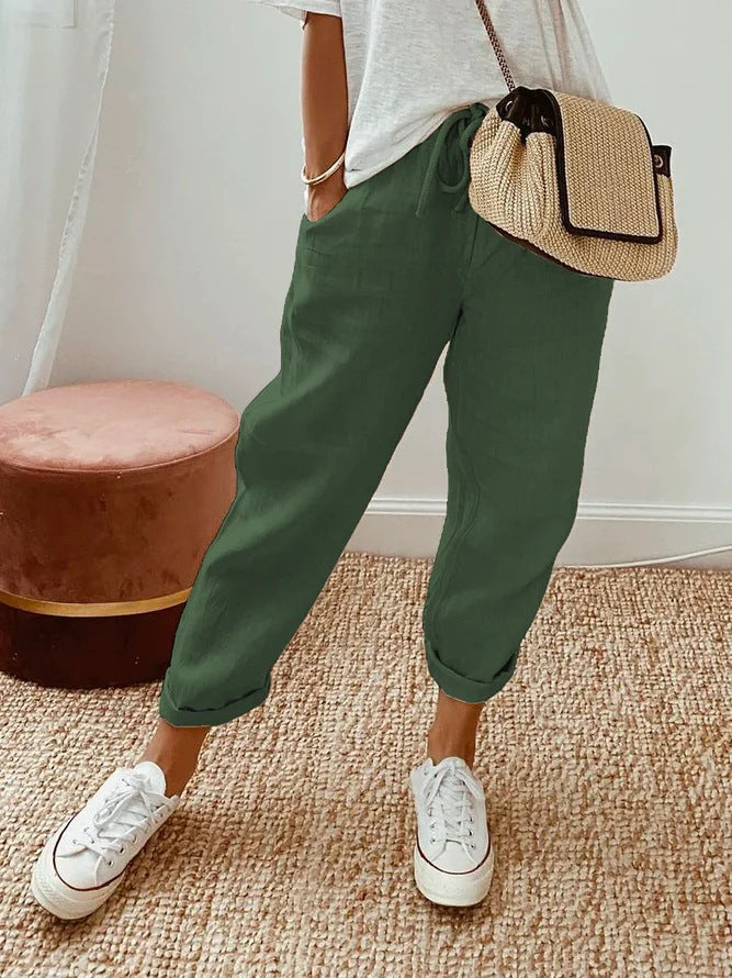 Beige cotton blend casual drawstring pants with insert pockets ankle-length relaxed fit
