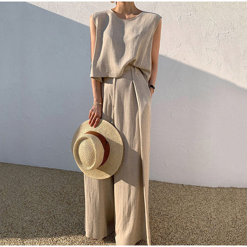 Women elegant two-piece summer set wide leg pants round neck top relaxed breathable fit