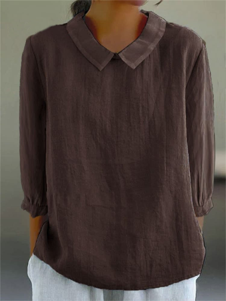 Women's beige cotton linen three-quarter sleeve shirt relaxed fit turn-down collar retro casual top