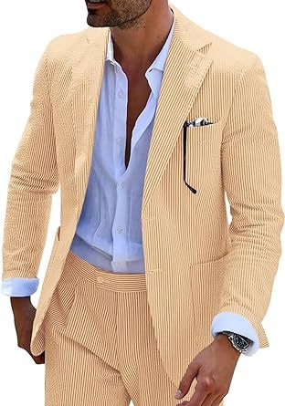 Men's light blue seersucker two-piece suit slim-fit jacket and trousers wrinkle-resistant breathable fabric