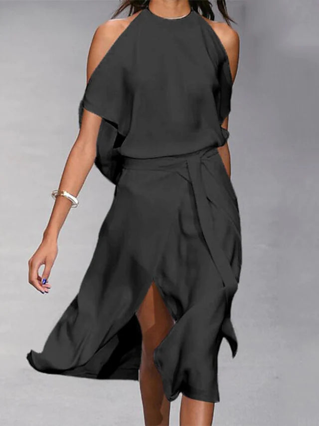 Sharon halter midi dress women flowy wrap skirt lightweight breathable fabric breezy sophisticated