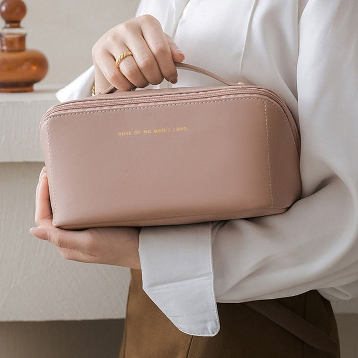 Ellie travel makeup organizer vegan leather pouch wide opening elastic compartments for women