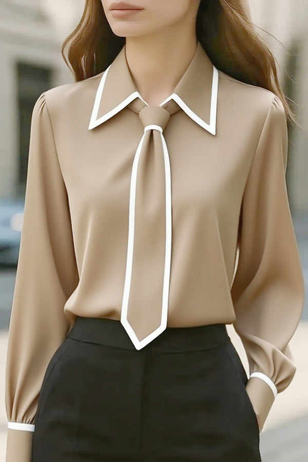Women's satin V-neck loose fit shirt with contrast tie detail, hip-length office casual top