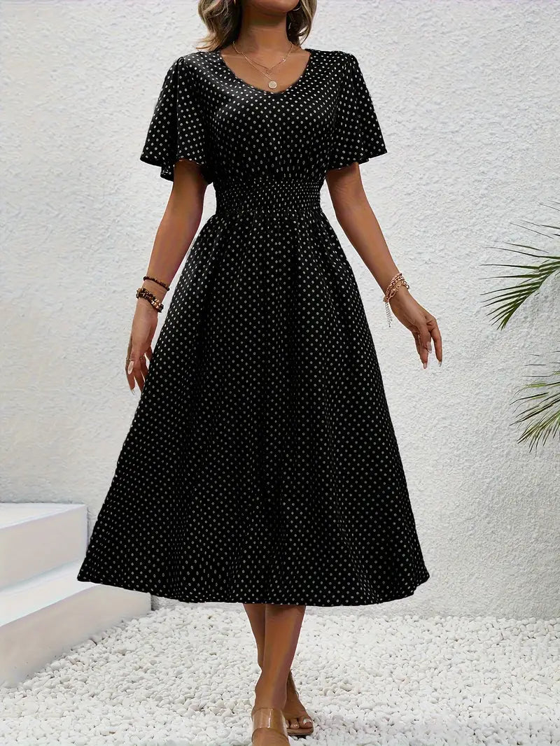 Women's short sleeve all-over print dress with ruched waist, lightweight elegant spring summer style