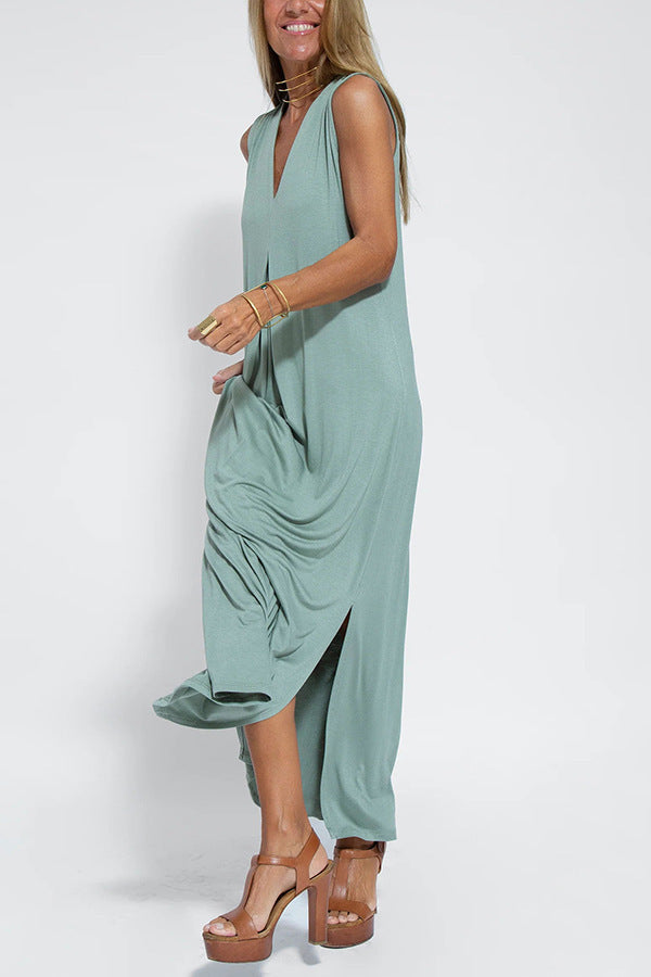 Women's sleeveless long dress with flowy cardigan two-piece set, elegant midseason polyester ensemble