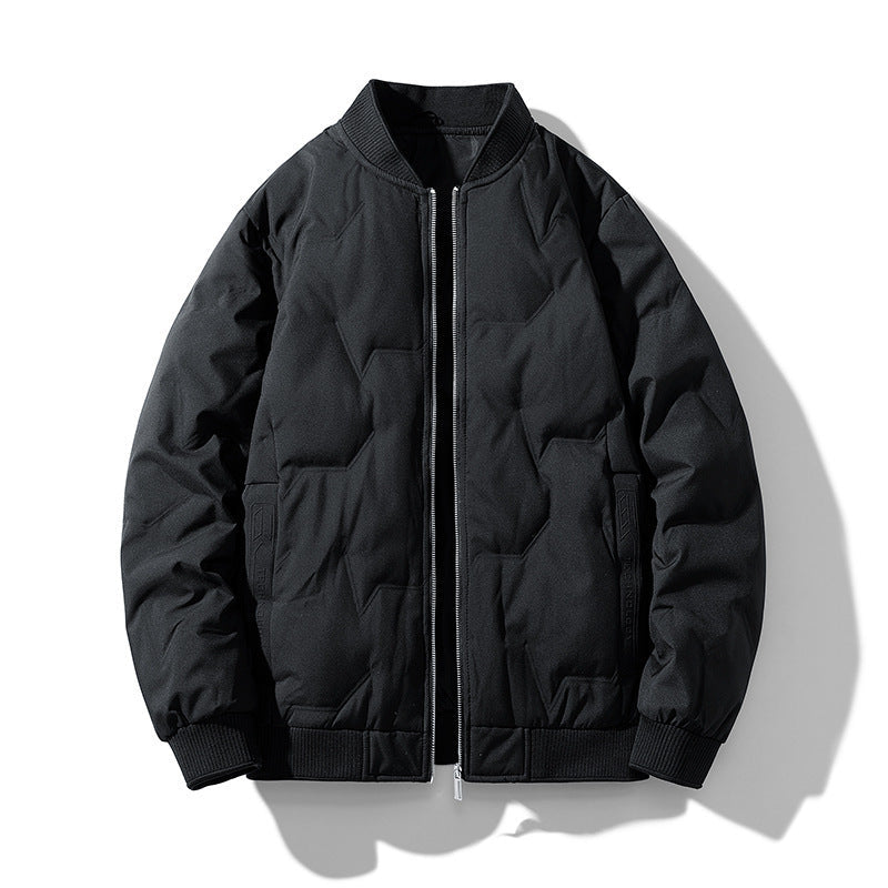 Men's down bomber jacket navy blue sporty casual style full zip elastic cuffs lightweight insulation