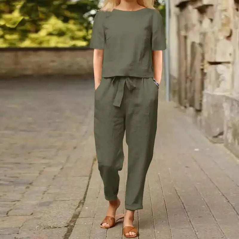 Women's casual short sleeve belted matching set with relaxed fit and coordinated two-piece silhouette