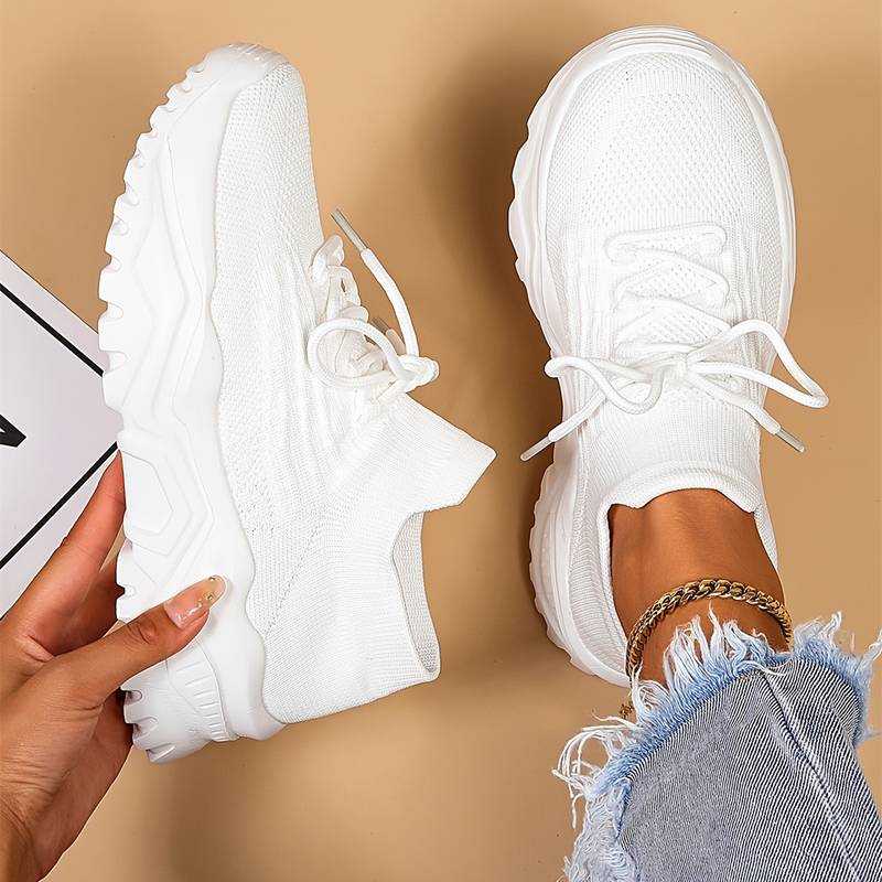 Women's chunky knit lace-up sneakers with thick cushioned lightweight sole for all-day comfort